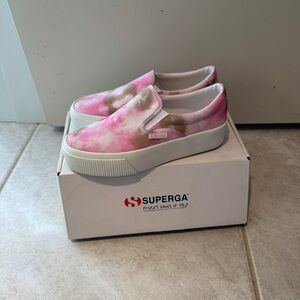 Superga Slip-On Platform Sneakers - Pink, White & Tan Tie-Dye